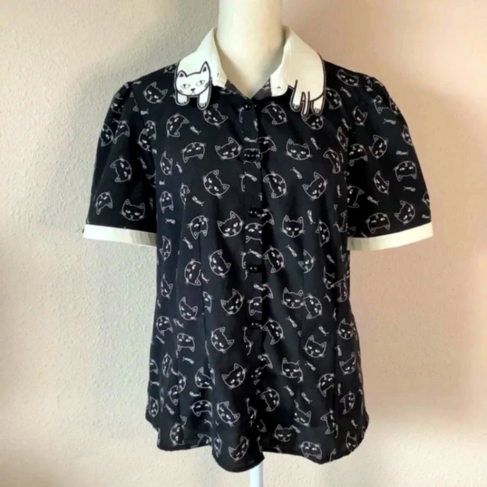 HELL BUNNY Matou Cat Collar Blouse Top Shirt Cat Print Black Goth Pin Up Retro